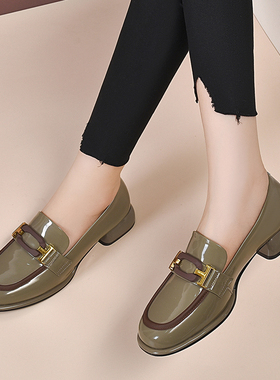 女式乐福鞋2025春秋季新款厚底厚跟英国黑色小皮鞋单腿软底中跟鞋