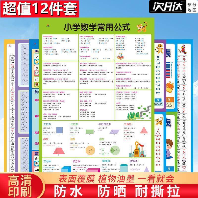 19.9元全套7张儿童学习挂图全套拼音诗词字母乘除加减口诀表套装