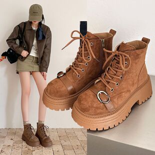 复古翻毛皮厚底马丁靴女2026秋季新款舒适系带粗跟短靴增高工装靴