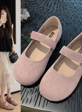 玛丽珍女2025年秋季新款复古黄色平底圆头一字带魔术贴平底单鞋女