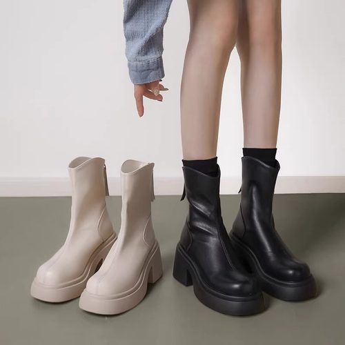 短靴女厚底2023秋冬新款英伦风小个子粗跟防水台切尔西高跟马丁靴