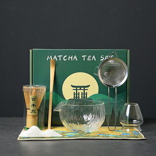 跨境日式玻璃抹茶碗7件套透明百本立抹茶具套装打蛋器抹茶工具