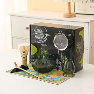 跨境日式玻璃抹茶碗7件套透明百本立抹茶具套装打蛋器抹茶工具