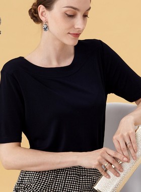 春夏新款重磅加捻真丝中袖T恤女一字领黑色针织桑蚕丝短袖上衣