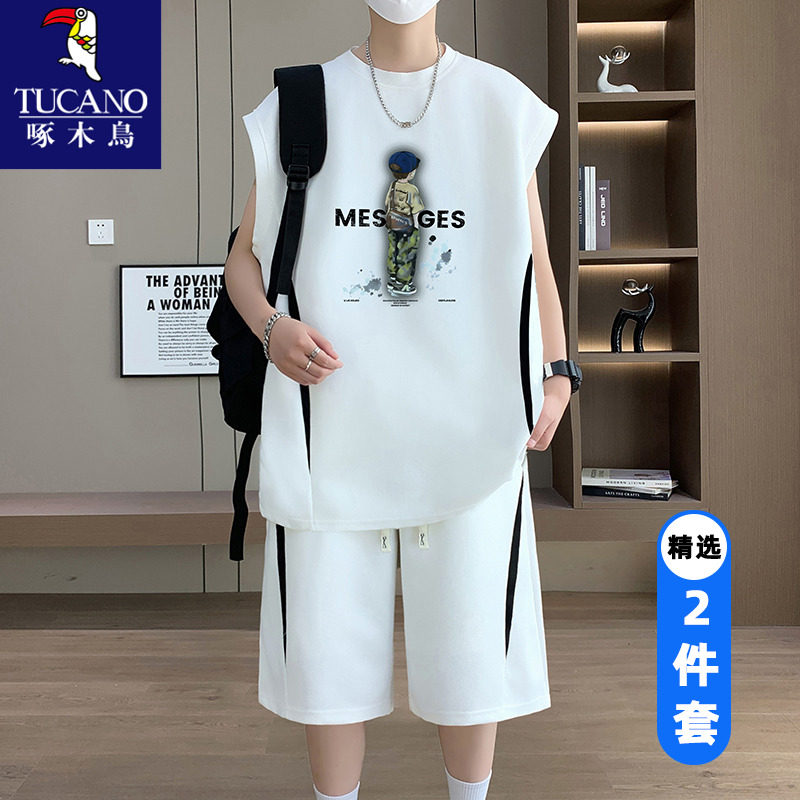 啄木鸟休闲运动套装男士夏季t恤背心短裤两件套男生一套搭配衣服T,男装,休闲运动套装,淘宝优惠券,粉丝福利购,淘宝优惠卷