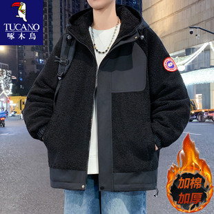 啄木鸟冬季羊羔绒外套男孩高中初中学生加绒加厚夹克大童冬装棉服