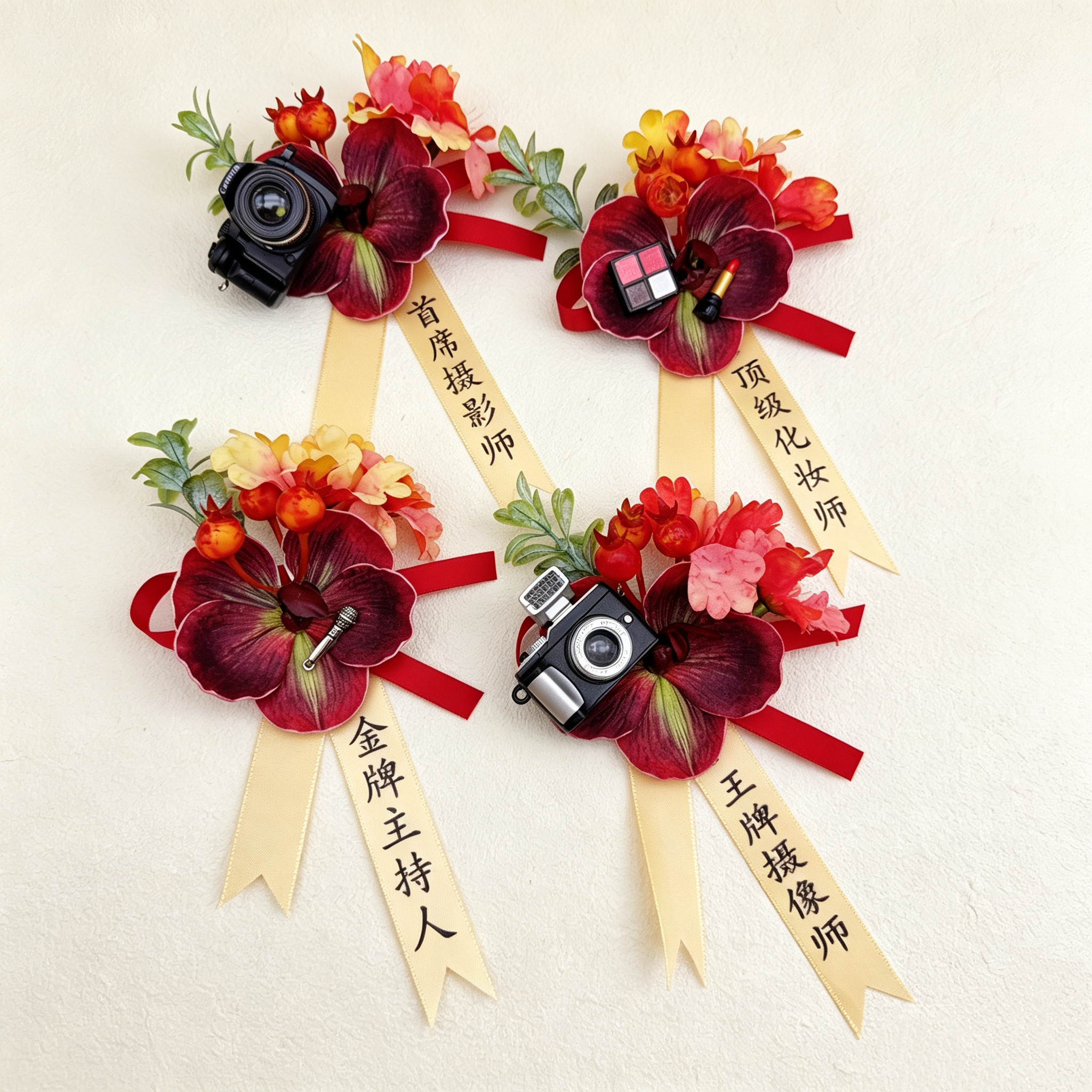 婚礼四大金刚胸花摄影师摄像师化妆师主持人高级胭红森系结婚襟花