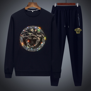 欧洲站圆领休闲运动服大码 烫钻卫衣套装 新款 春秋季 两件套潮流 男士