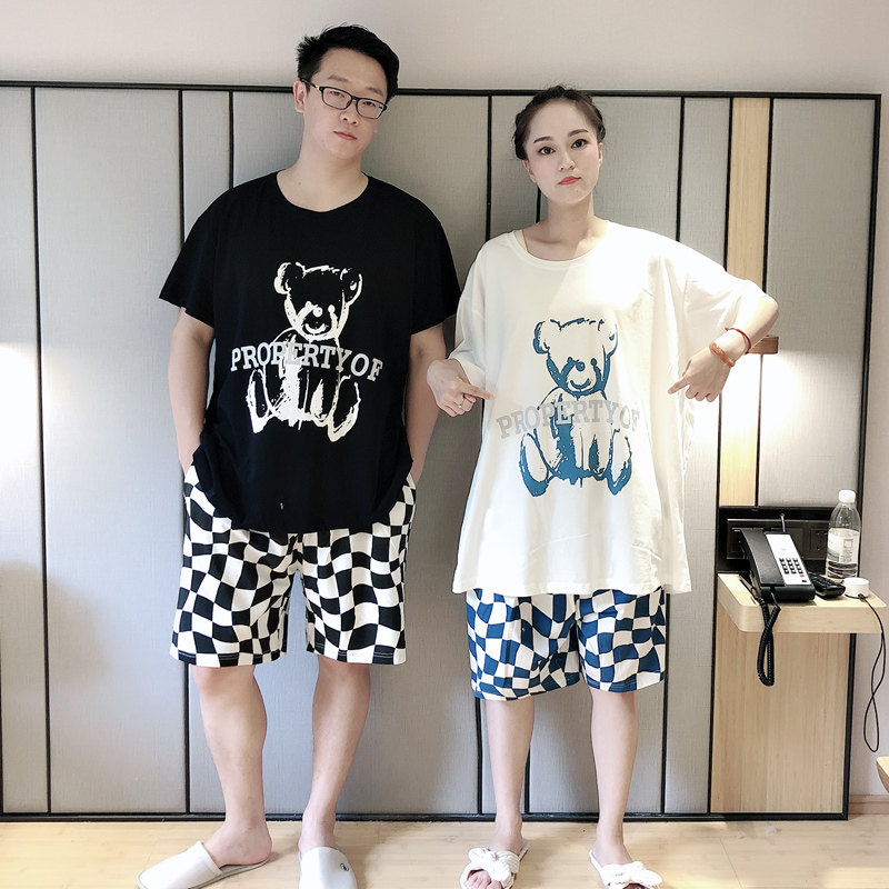 格子情侣卡通睡衣男女可外穿加大码薄款印花200斤纯棉家居服套装