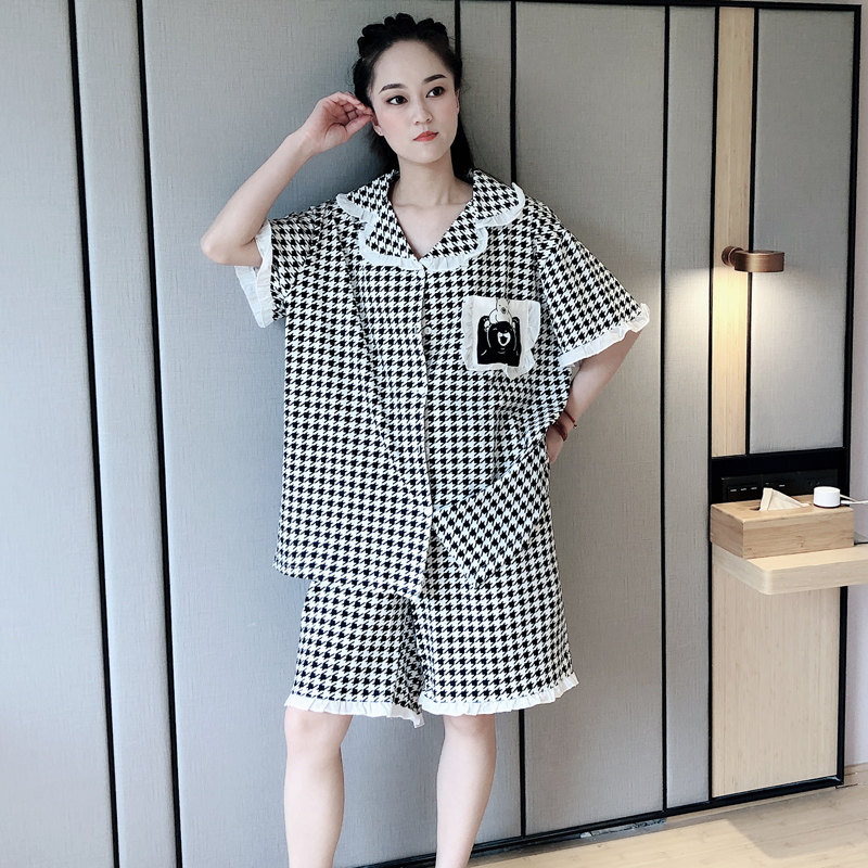 日系春夏睡衣女纯棉加大码200斤胖M格子甜美短袖可外穿家居服套装
