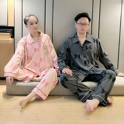 纯棉情侣睡衣女春秋季卡通简约款加大码200斤开衫可外穿男家居服