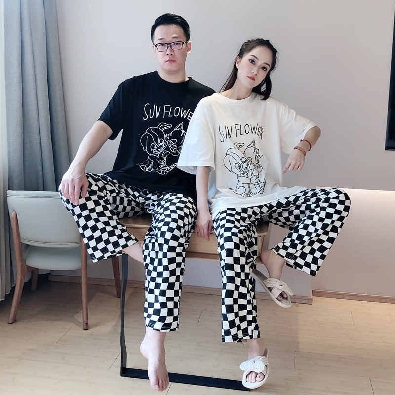 春夏2024年新款情侣睡衣休闲格子大码200斤男女可外穿家居服套装