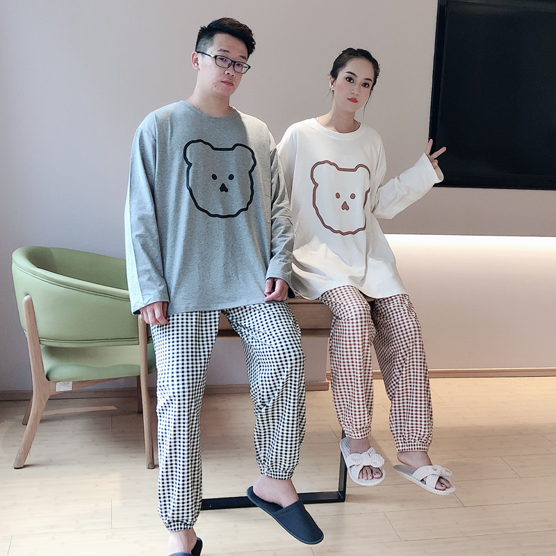 情侣睡衣春秋款纯棉长袖男士女2022年新款格子加大码200斤家居服