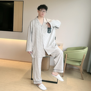 大码男装男士睡衣款春秋季胖子加肥加大纯棉300斤家居服两件套装