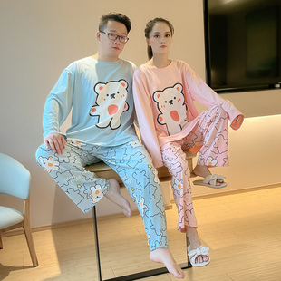 春秋纯棉印花情侣睡衣加大码男女长袖200斤胖m宽松卡通家居服套装