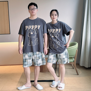 网红风卡通可爱男特大码 情侣睡衣女夏款 短袖 纯棉夏季 薄 家居服套装