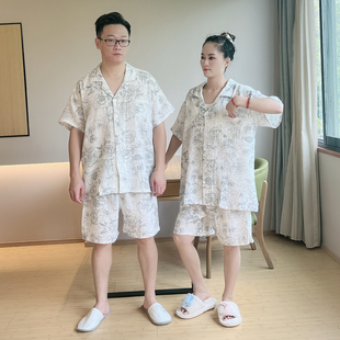 宽松大码 情侣睡衣女夏季 开衫 纯棉纱布短袖 休闲棉纱全棉家居服套装