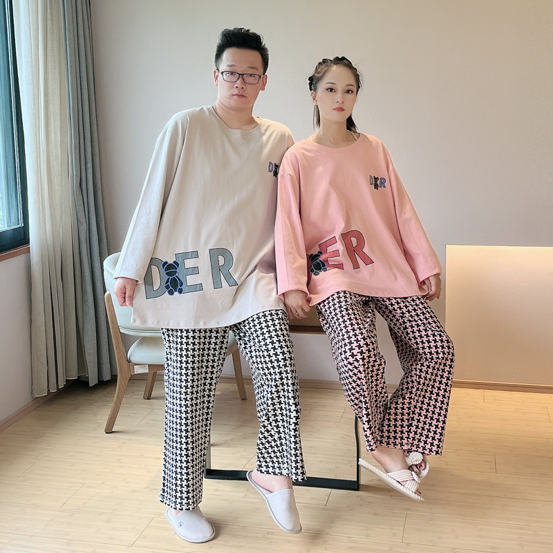 特大码胖子情侣睡衣300斤纯棉长袖格子全棉男可外穿家居服秋套装