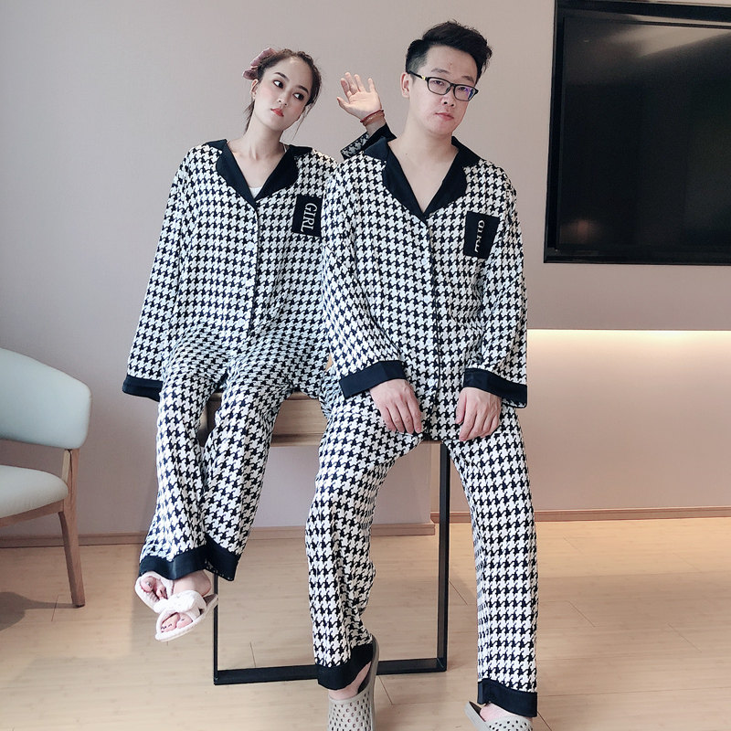 千鸟格ins潮情侣睡衣冰丝春秋大码200斤可外穿长袖夏天家居服套装