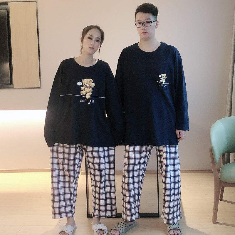 春秋款情侣睡衣女特大加肥加大码200斤纯棉格子男纯棉家居服套装