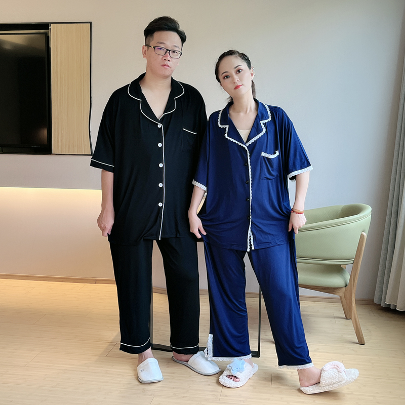 莫代尔情侣睡衣女夏季冰丝短袖长裤2025新款薄大码男士家居服套装