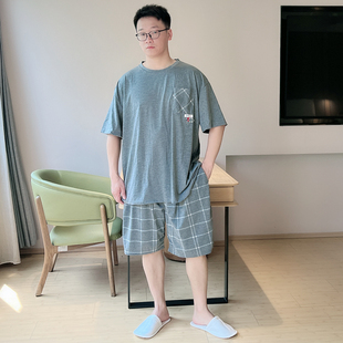 加大码睡衣男夏季纯棉短袖短裤简约圆领加肥套装家居服套装可外穿