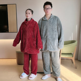 法兰绒冬季 情侣睡衣秋冬款 珊瑚绒加厚女休闲加绒家居服男保暖套装