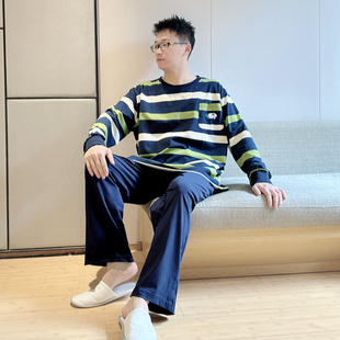 圆领长袖长裤条纹休闲家居服套装春秋冬睡衣男加肥大码宽松针织棉