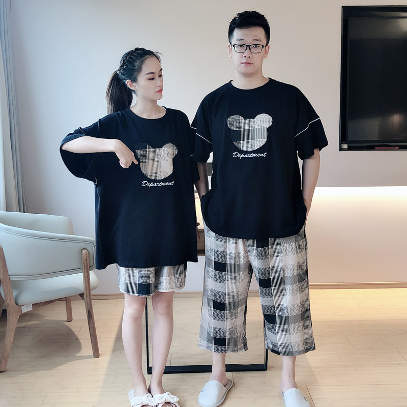纯棉睡衣女格子休闲大码胖mm200斤情侣男士薄款七分裤家居服套装