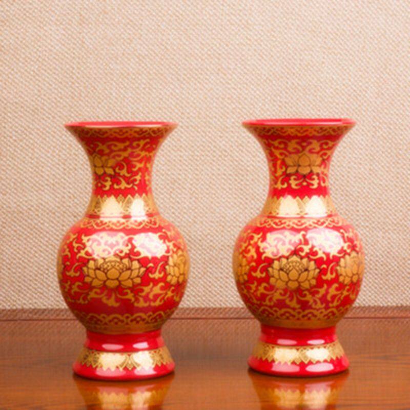 中式中国红佛堂花瓶陶瓷无字莲花瓶供佛佛堂用品描金观音净水瓶