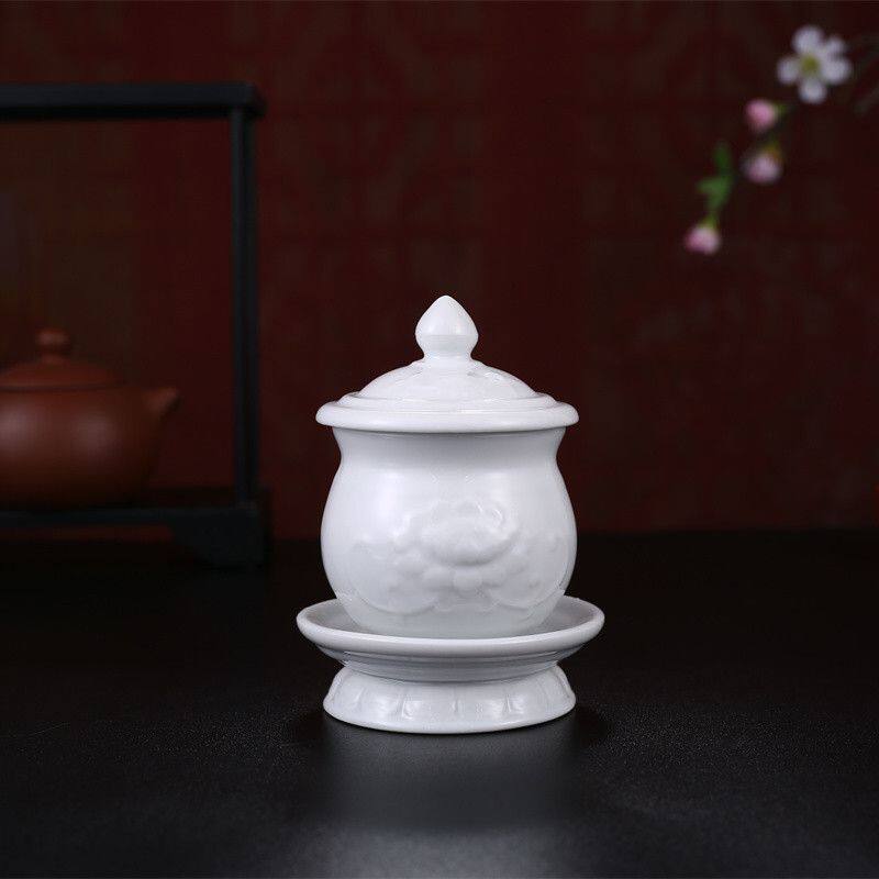佛台佛具用品 陶瓷纯白无字浮雕莲花供水杯 净水杯大悲水圣水杯