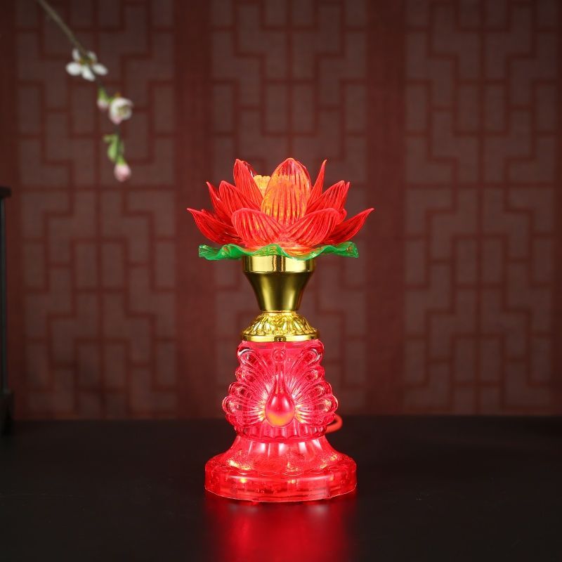孔雀莲花灯仙家灯佛前水晶玻璃莲花灯佛堂灯佛灯LED红色荷花灯
