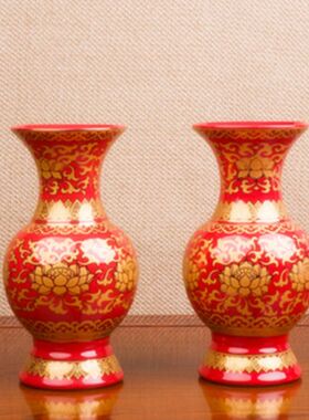 唐彩陶瓷花瓶无字真金红色莲花瓶供佛佛堂用品描金观音净水瓶
