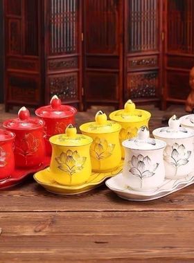 仙用水杯陶瓷套装白色莲花杯供水杯用具净水杯白瓷财神供佛水杯