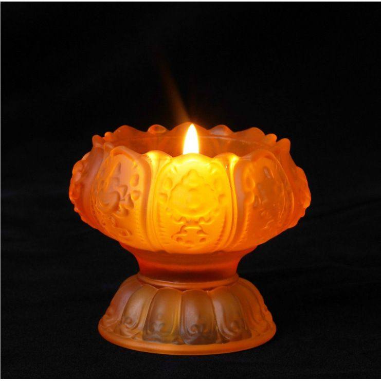 黄琉璃莲花酥油灯座防风蜡烛台供佛玻璃中式家用佛具观音佛前长明