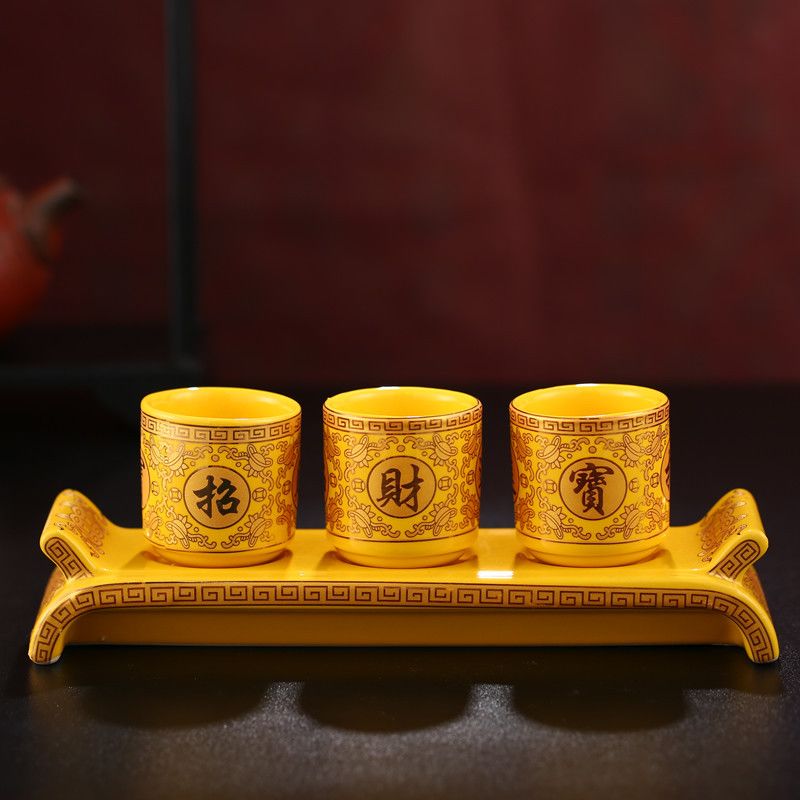 佛前酒盅摆件供佛财神土地供杯陶瓷浮雕三连座高脚酒杯茶杯贡杯