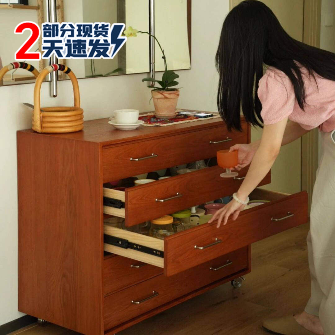 中古风实木五斗柜复古移动餐边柜图片