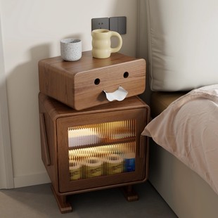 实木床头柜高柜卧室带灯客厅边柜中古风机器人儿童置物床边柜