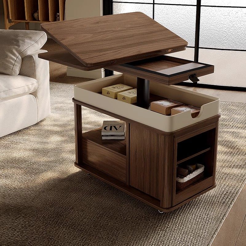 可移动茶几客厅升降家用边几沙发小户型黑胡桃木折叠实木小推车