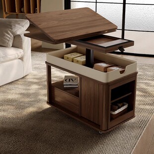 可移动茶几客厅升降家用边几沙发小户型黑胡桃木折叠实木小推车