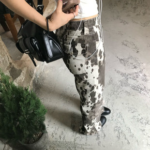 onexh2026春季新款美式复古迷彩高腰修身显瘦直筒微喇牛仔裤女