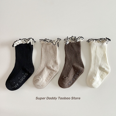 婴儿袜子春秋薄款纯棉松口可爱女宝宝花边棉袜女童公主风中高筒袜