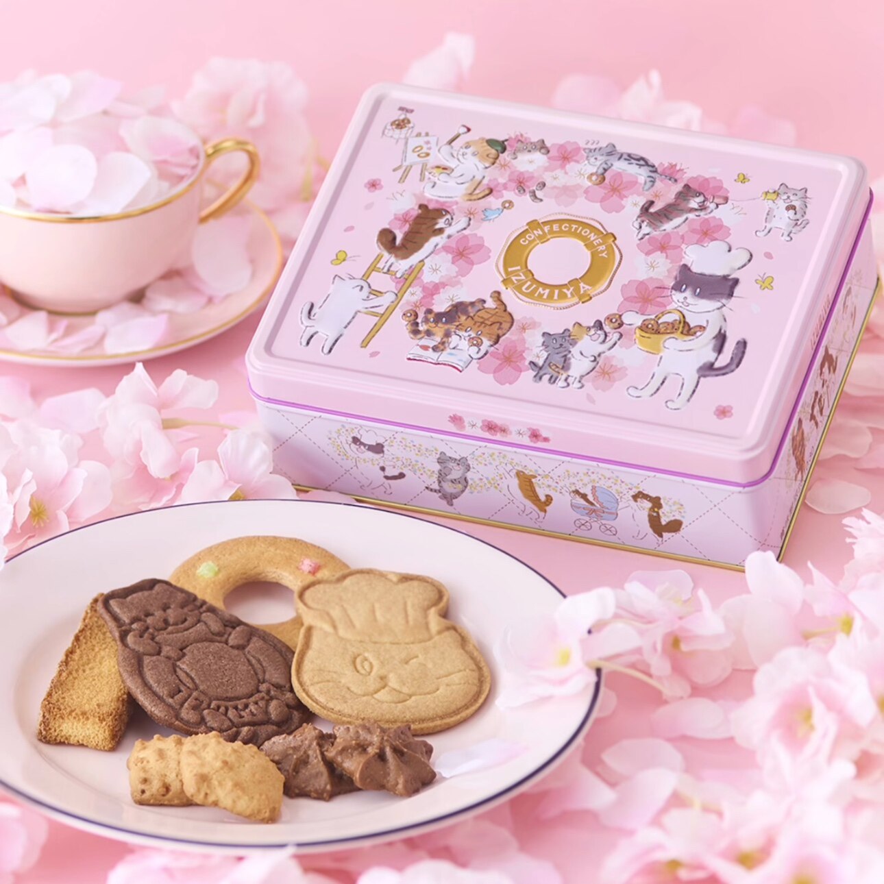 【春季限定】日本泉屋IZIMIYA猫咪樱花曲奇饼干浮世绘艺术铁罐