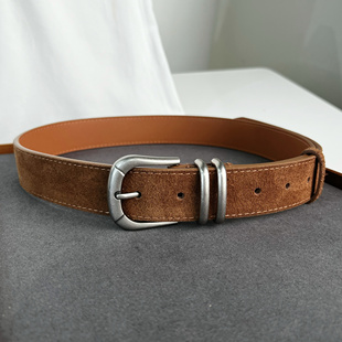 法式简约复古银扣翻毛皮牛二层绒面腰带女搭配低腰裤半裙反绒皮带