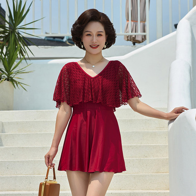 妈妈泳衣2025新款大码遮肚显瘦中老年女连体裙式温中袖游泳装夏