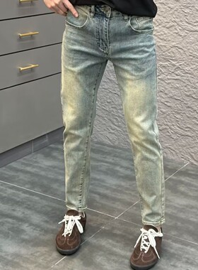 高端复古蓝色牛仔裤男修身小直筒2025春夏新款韩版弹力休闲小脚裤
