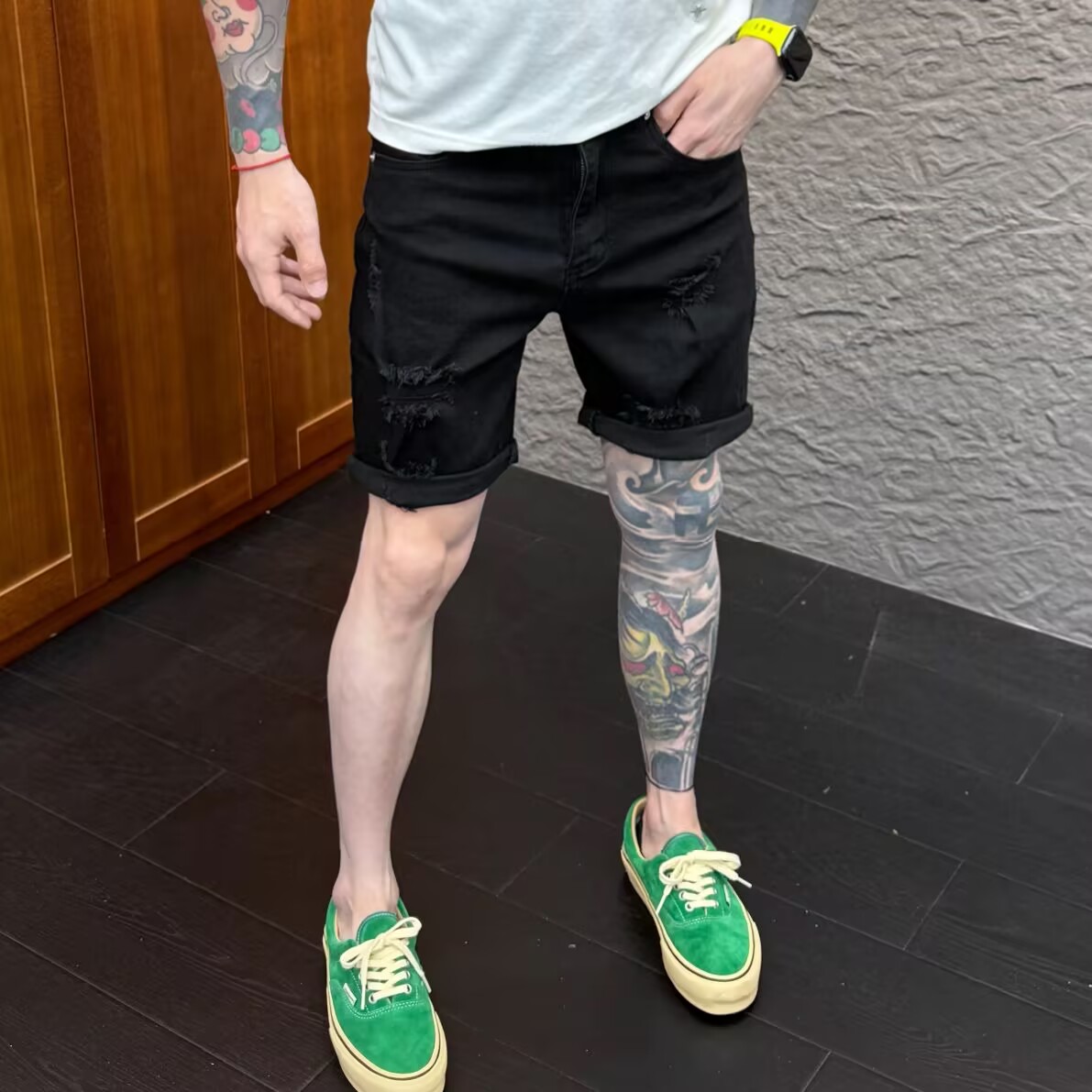 设计款刮烂牛仔短裤男修身2025夏季新款韩版潮流破洞弹力五分裤子