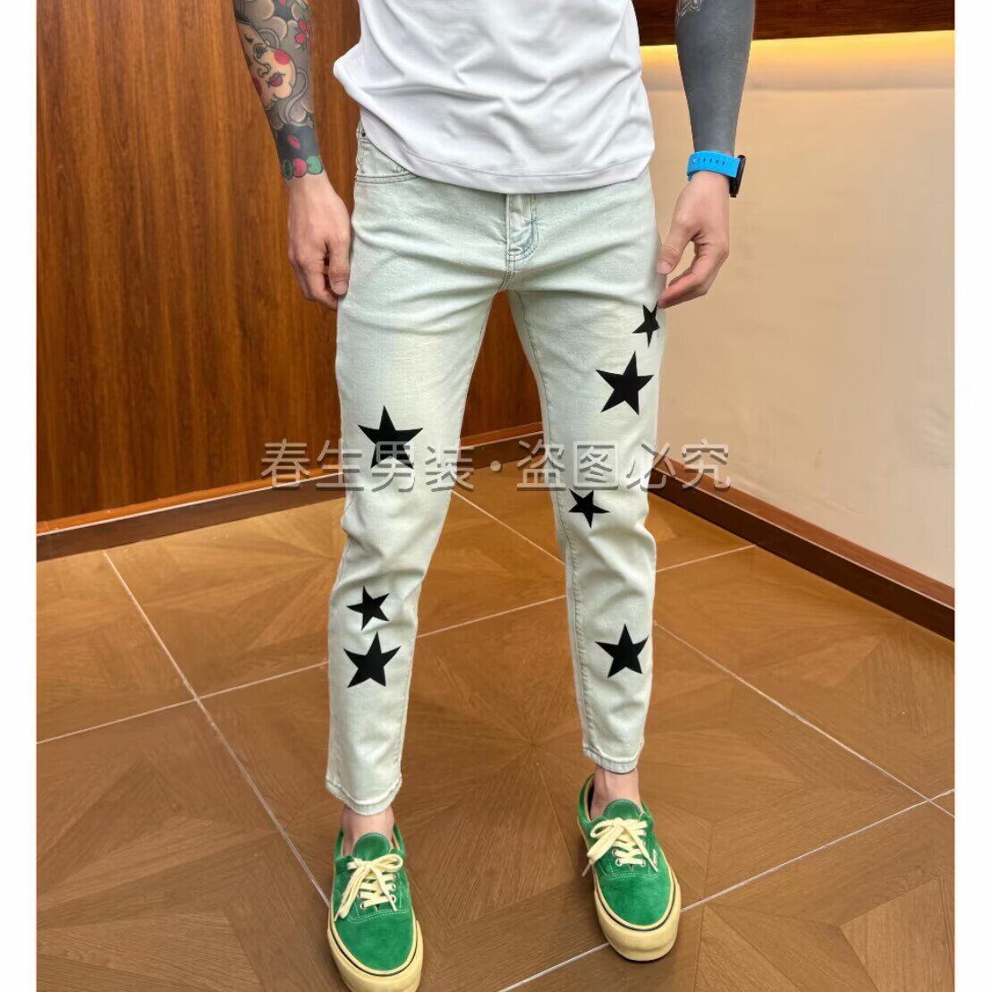 设计款五角星印花牛仔裤男九分修身小脚裤2026夏季新款韩版休闲裤