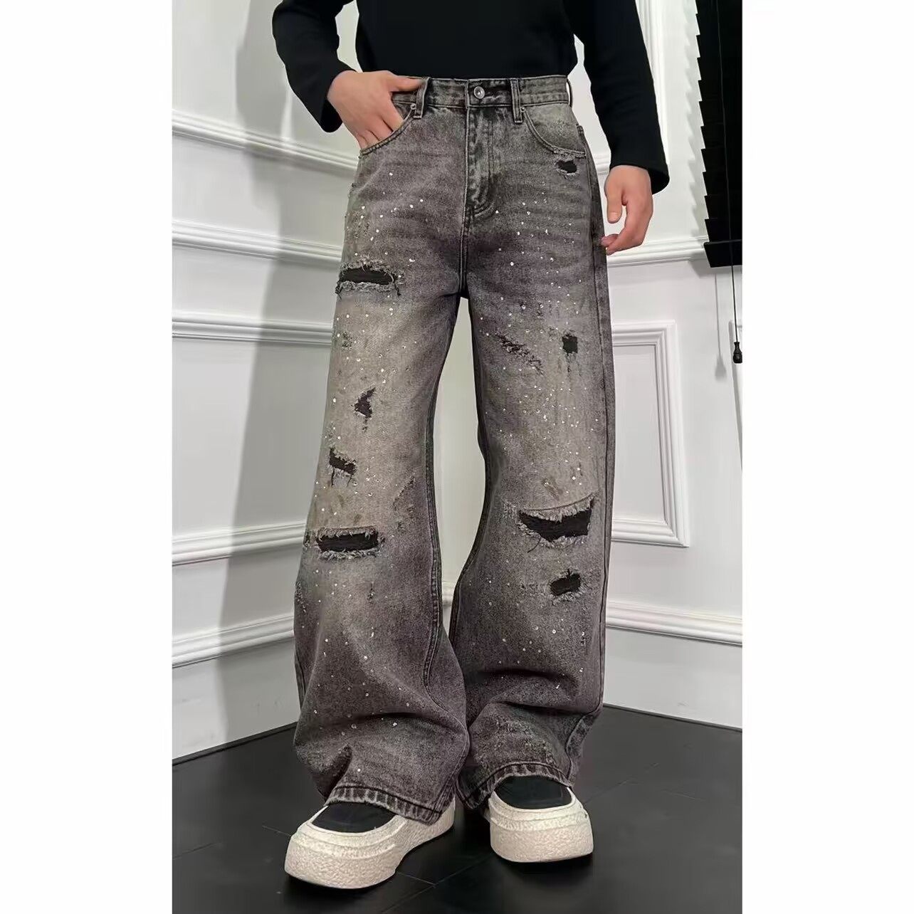 高街个性烫钻弯刀裤男宽松潮牌破洞补丁牛仔裤男美式休闲直筒长裤,男装,牛仔裤,淘宝优惠券,粉丝福利购,淘宝优惠卷