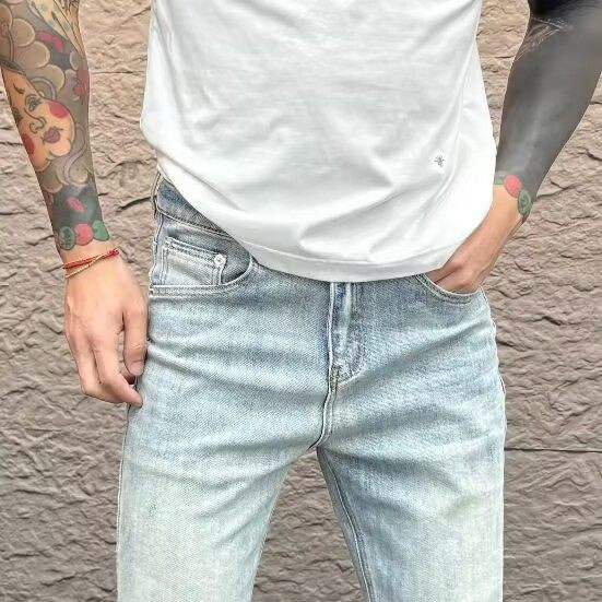 高级感美式休闲直筒牛仔裤男浅蓝色2025秋季新款时尚宽松阔腿长裤